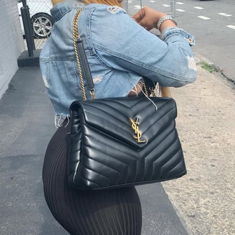 Yves Saint Laurent Medium Black Chevron Shoulder Bag with Gold Accents